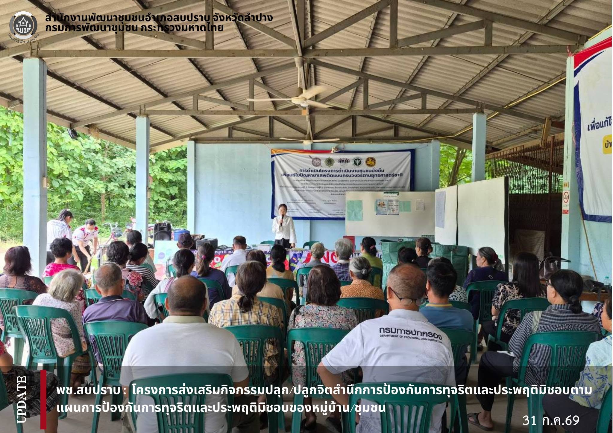 พช.สบปราบ :  โครงการส่งเสริมกิจกรรมปลุก/ปลูกจิตสำนึกการป้องกันการทุจริตและประพฤติมิชอบตามแผนการป้องกันการทุจริตและประพฤติมิชอบของหมู่บ้าน/ชุมชน